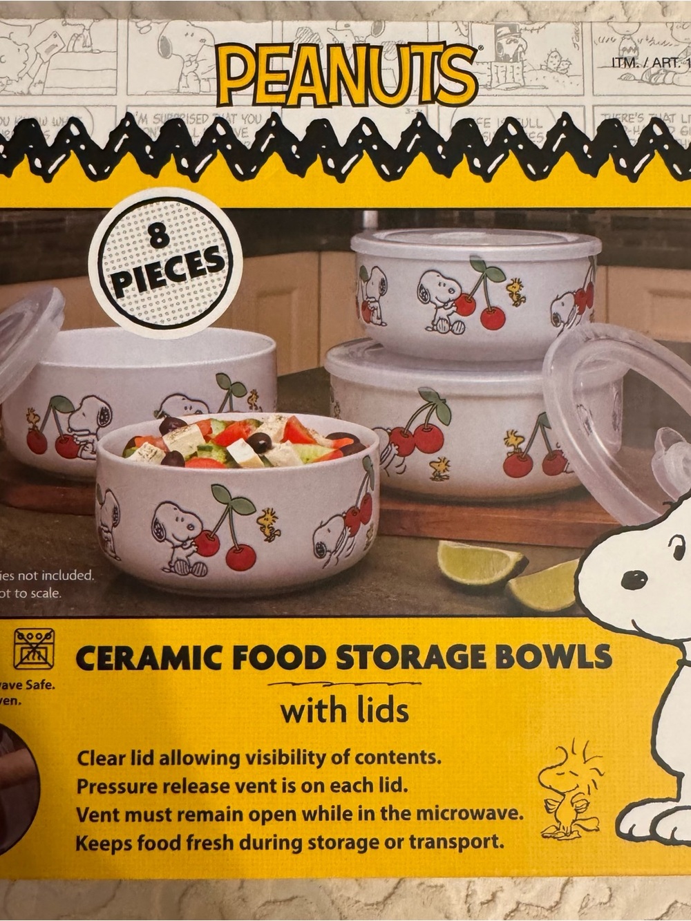 Peanuts Ceramic Food Storage Bowls with Lids (8 Pieces) Snoopy